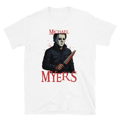 Michael Myers horror White T-shirt – Halloween slasher graphic tee with bloody knife design, exclusive to McLaren TeeHub.