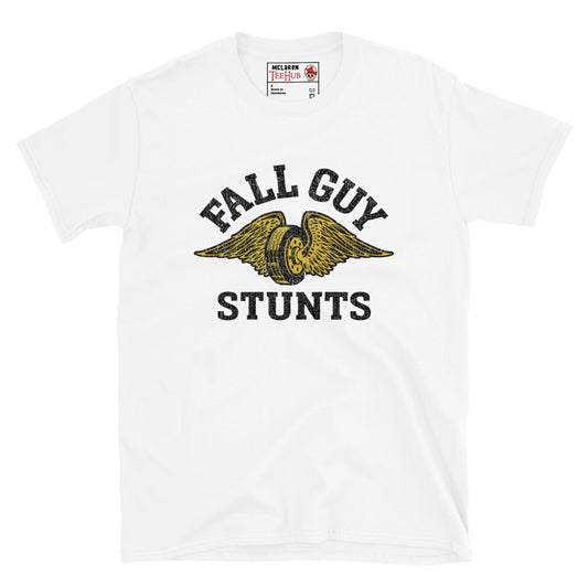 Fall Guy Stunts t-shirt with vintage winged wheel stunt crew logo design in retro style White