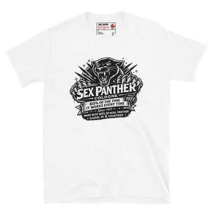 Sex Panther Cologne t-shirt with vintage label design and panther graphic inspired by Anchorman movie, White