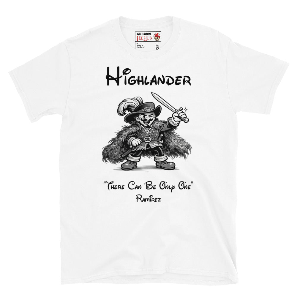 Highlander Ramirez rubber hose cartoon t-shirt featuring vintage 1930s animation style artwork and iconic fantasy movie quote. White