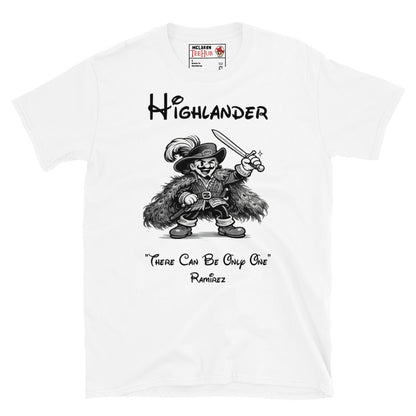 Highlander Ramirez rubber hose cartoon t-shirt featuring vintage 1930s animation style artwork and iconic fantasy movie quote. White