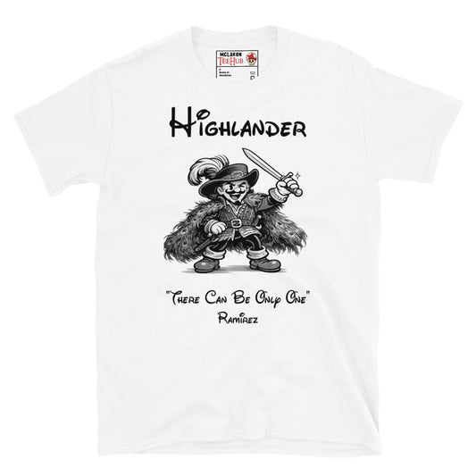 Highlander Ramirez rubber hose cartoon t-shirt featuring vintage 1930s animation style artwork and iconic fantasy movie quote. White