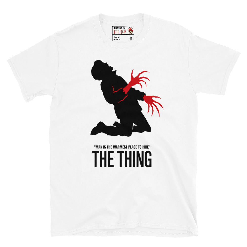 The Thing Bennings transformation t-shirt featuring minimalist horror artwork and the quote Man Is The Warmest Place To Hide. White