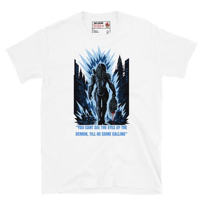 King Willie Predator inspired t-shirt featuring urban hunter artwork and iconic sci-fi horror quote design. White