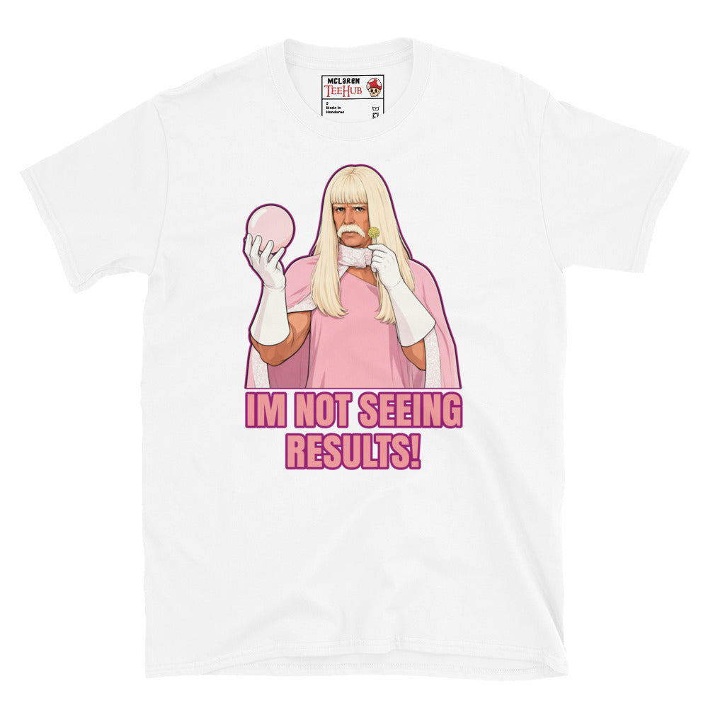 Gentlemen Broncos inspired t-shirt featuring humorous comedy artwork and the phrase I'm Not Seeing Results. White
