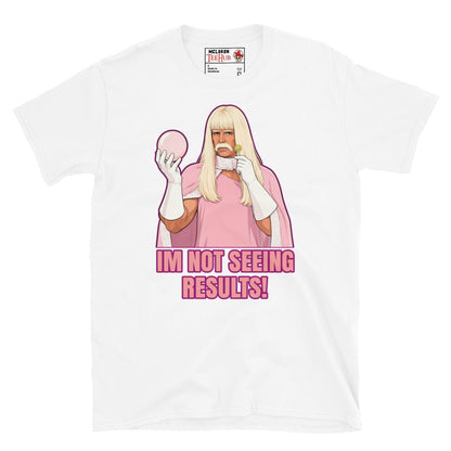 Gentlemen Broncos inspired t-shirt featuring humorous comedy artwork and the phrase I'm Not Seeing Results. White