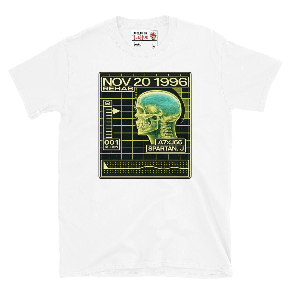John Spartan The Demolition Man Cryo Readout inspired t-shirt featuring futuristic rehabilitation scanner artwork and retro sci-fi interface design. White