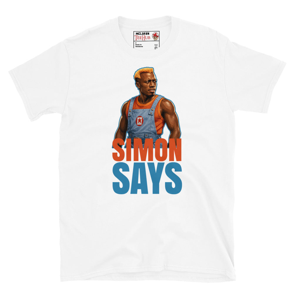 Simon Says inspired t-shirt featuring the villain Simon Phoenix from the classic sci-fi action movie Demolition Man. White
