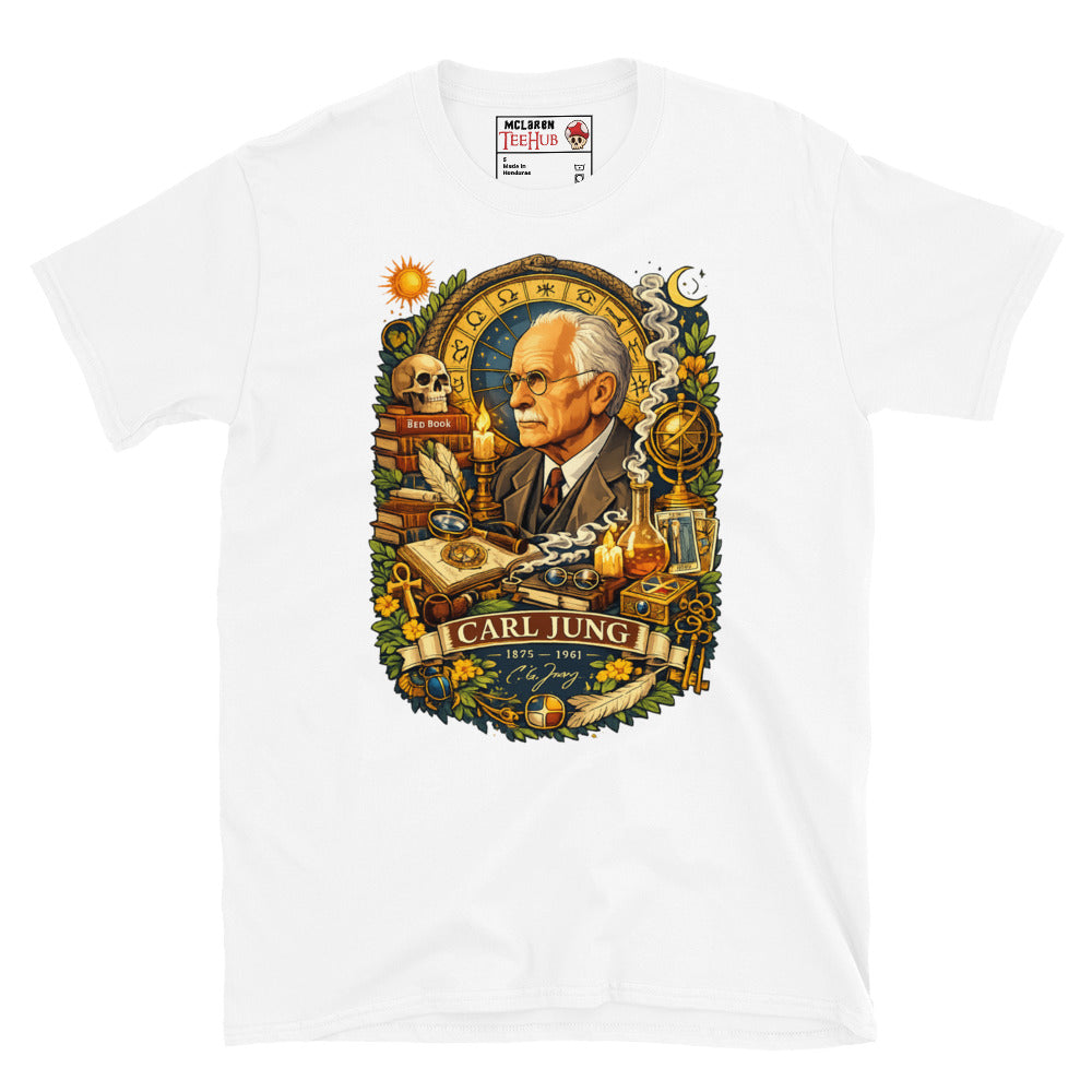 Detailed Carl Jung psychology graphic t-shirt featuring archetypes, alchemy, dream symbolism, books and analytical psychology imagery. White