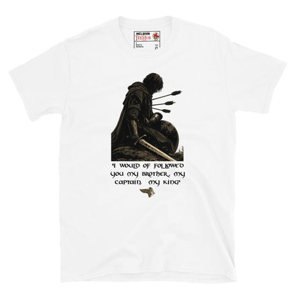 Boromir Lord of the Rings inspired t-shirt featuring the quote My Brother My Captain My King and artwork depicting the warrior of Gondor. White