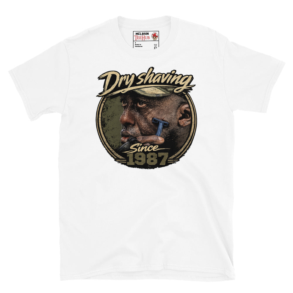 White Predator 1987 Dry Shaving Since 1987 T-Shirt with distressed vintage portrait graphic of Mac