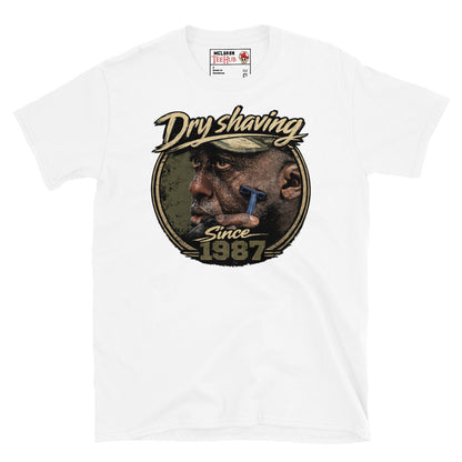White Predator 1987 Dry Shaving Since 1987 T-Shirt with distressed vintage portrait graphic of Mac