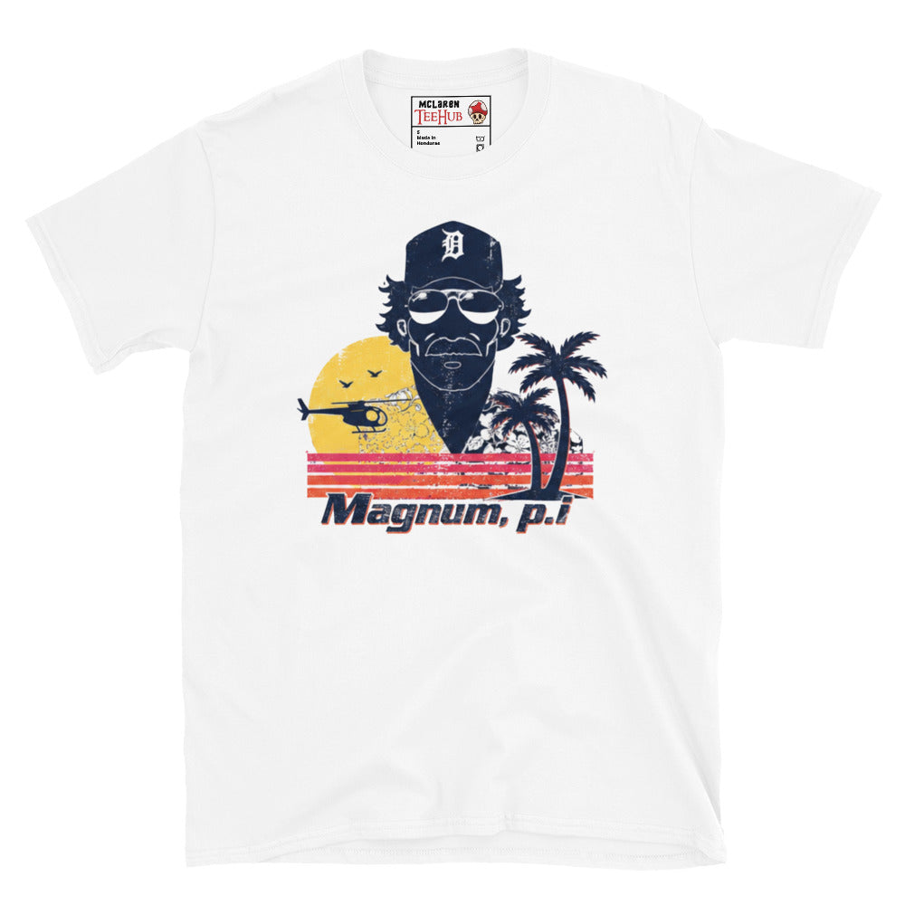 White Magnum PI distressed retro t-shirt with vintage Hawaii sunset graphic featuring Detroit Tigers cap sunglasses and palm trees