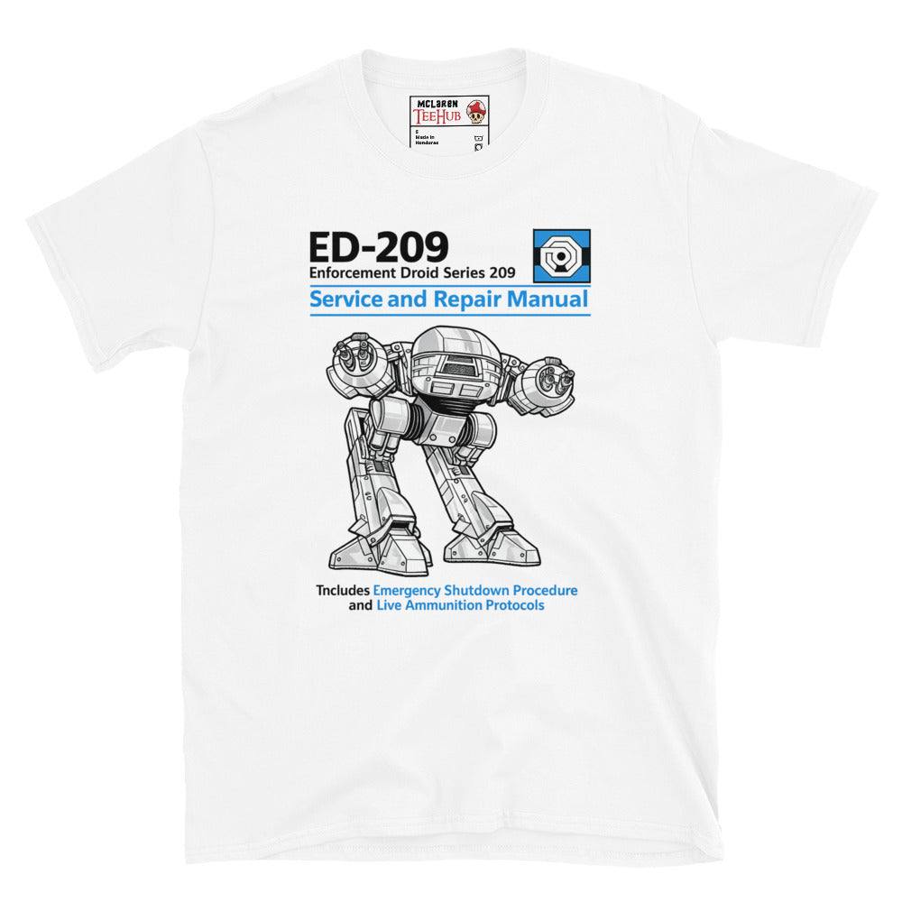 White ED-209 RoboCop Service and Repair Manual t-shirt with Haynes style technical illustration of Enforcement Droid 209