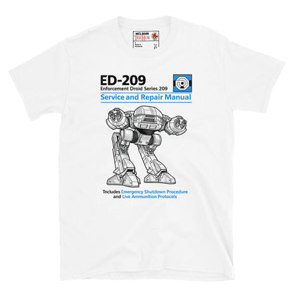 White ED-209 RoboCop Service and Repair Manual t-shirt with Haynes style technical illustration of Enforcement Droid 209