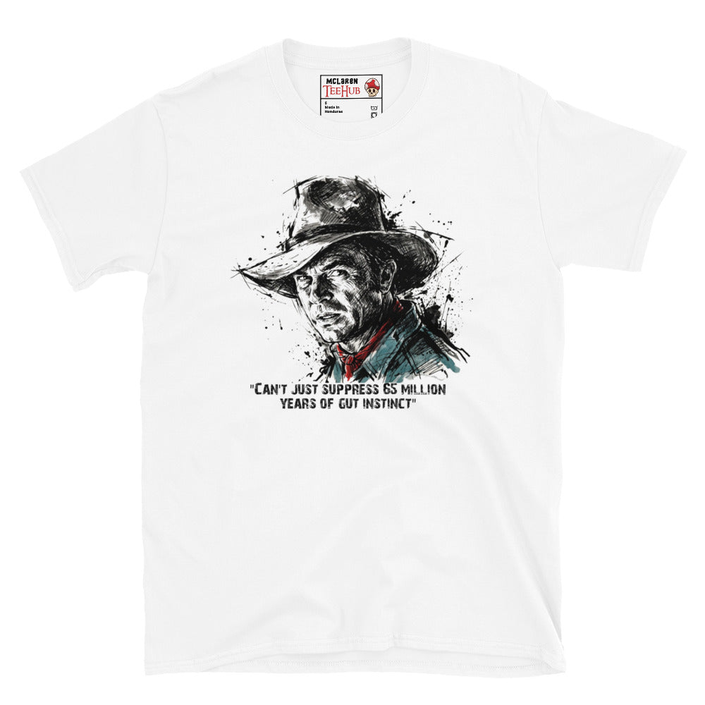 White Dr Alan Grant Jurassic Park t-shirt with ink splatter sketch portrait and 65 million years of gut instinct quote in black teal and red