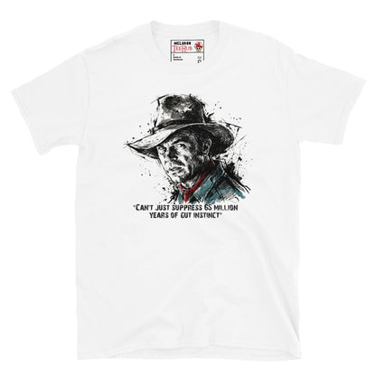 White Dr Alan Grant Jurassic Park t-shirt with ink splatter sketch portrait and 65 million years of gut instinct quote in black teal and red
