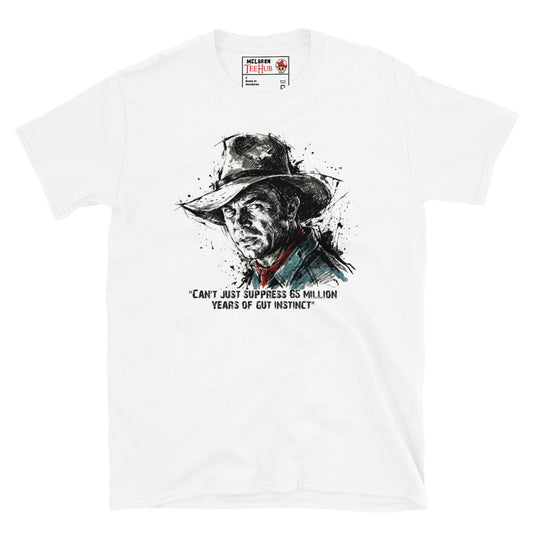 White Dr Alan Grant Jurassic Park t-shirt with ink splatter sketch portrait and 65 million years of gut instinct quote in black teal and red