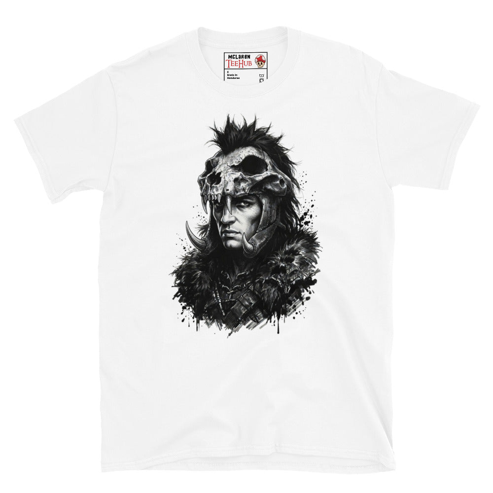 White Kurgan Highlander t-shirt with dramatic ink splatter portrait of the Kurgan in skull helmet mohawk crest curved tusks and fur collar armour