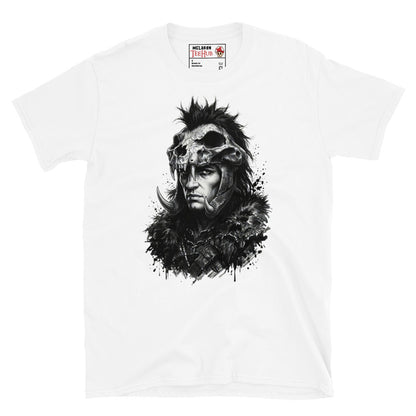 White Kurgan Highlander t-shirt with dramatic ink splatter portrait of the Kurgan in skull helmet mohawk crest curved tusks and fur collar armour