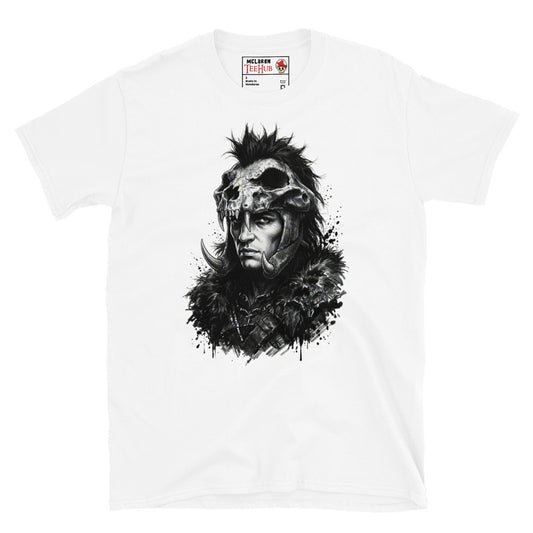 White Kurgan Highlander t-shirt with dramatic ink splatter portrait of the Kurgan in skull helmet mohawk crest curved tusks and fur collar armour