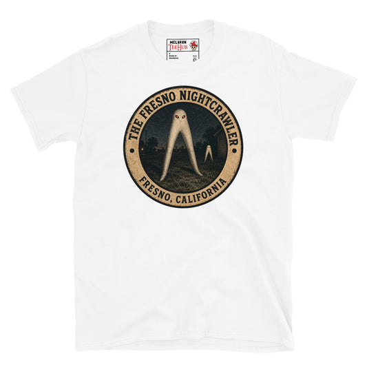 White Fresno Nightcrawler California t-shirt with vintage distressed badge featuring pale white leggy cryptid figures with red eyes crossing suburban lawn at night