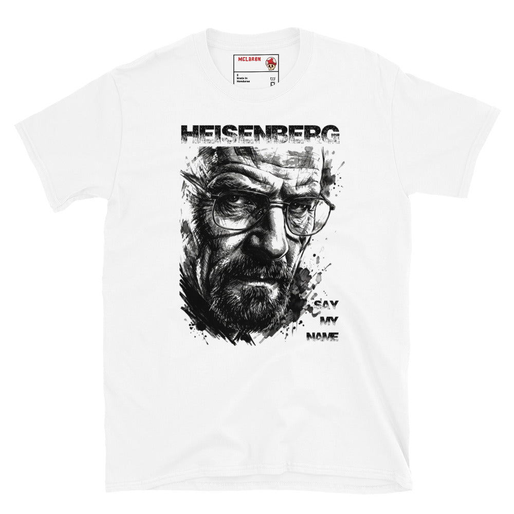 White Heisenberg Breaking Bad t-shirt with dramatic ink splatter portrait of Walter White wearing glasses with distressed Heisenberg typography and Say My Name lettering