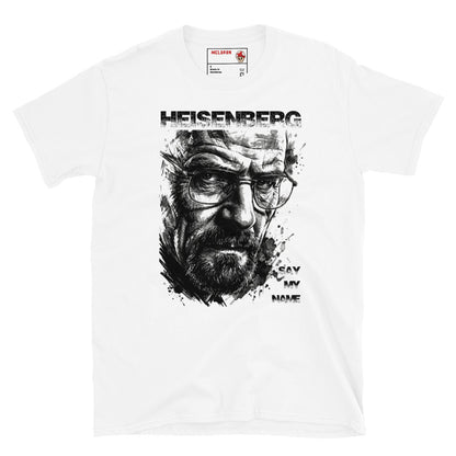 White Heisenberg Breaking Bad t-shirt with dramatic ink splatter portrait of Walter White wearing glasses with distressed Heisenberg typography and Say My Name lettering