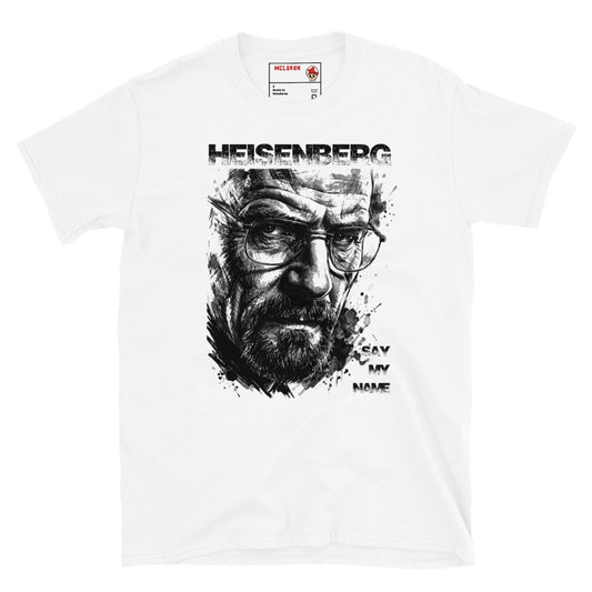 White Heisenberg Breaking Bad t-shirt with dramatic ink splatter portrait of Walter White wearing glasses with distressed Heisenberg typography and Say My Name lettering
