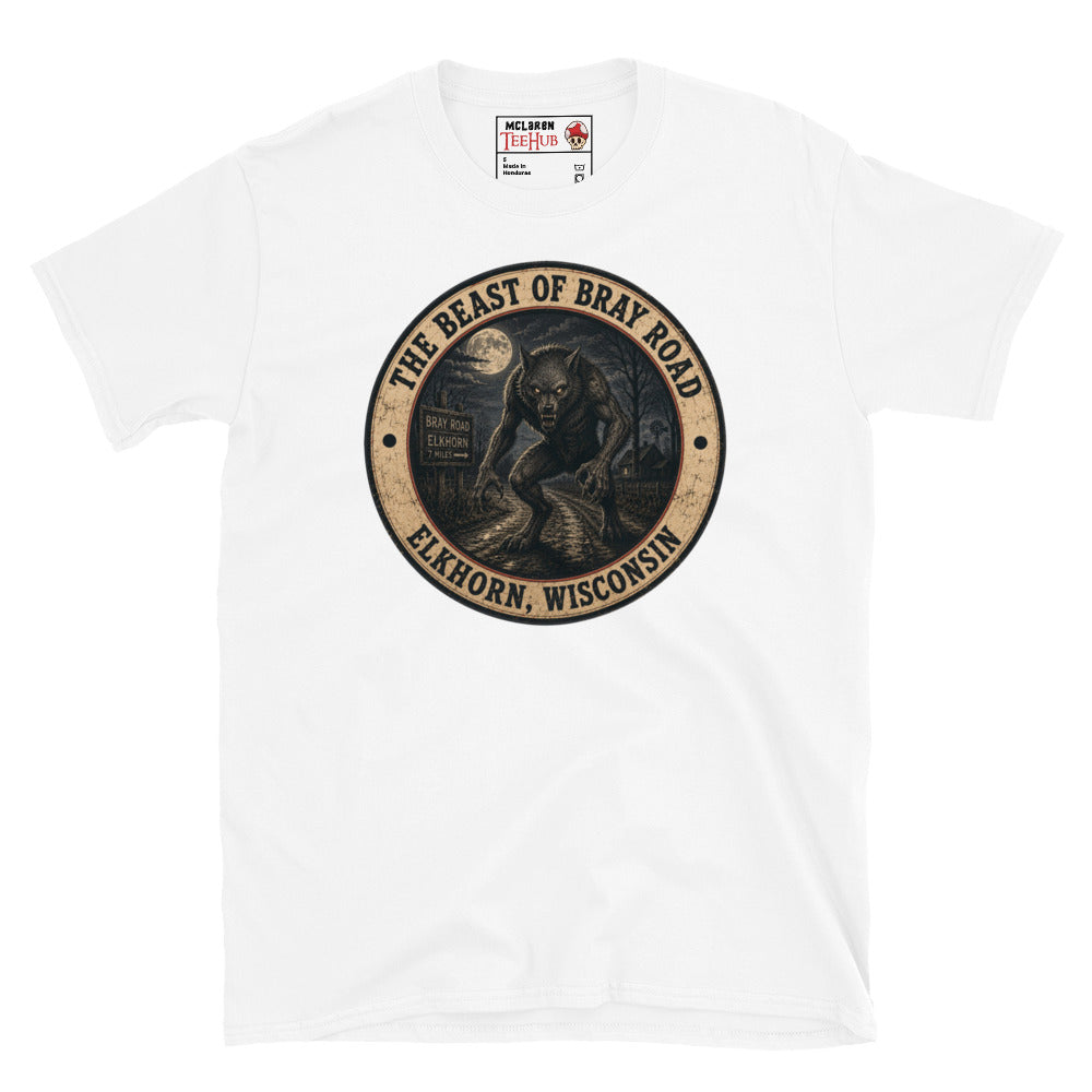 White Beast of Bray Road Elkhorn Wisconsin t-shirt with vintage distressed badge featuring snarling werewolf figure on moonlit road with Bray Road signpost.