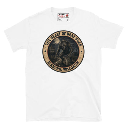 White Beast of Bray Road Elkhorn Wisconsin t-shirt with vintage distressed badge featuring snarling werewolf figure on moonlit road with Bray Road signpost.