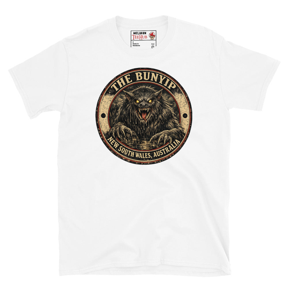White Bunyip New South Wales Australia t-shirt with vintage distressed badge featuring shaggy dark Bunyip rising from water with glowing amber eyes savage fangs and claws.