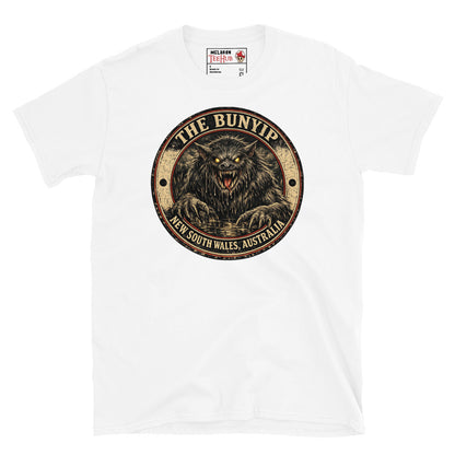 White Bunyip New South Wales Australia t-shirt with vintage distressed badge featuring shaggy dark Bunyip rising from water with glowing amber eyes savage fangs and claws.