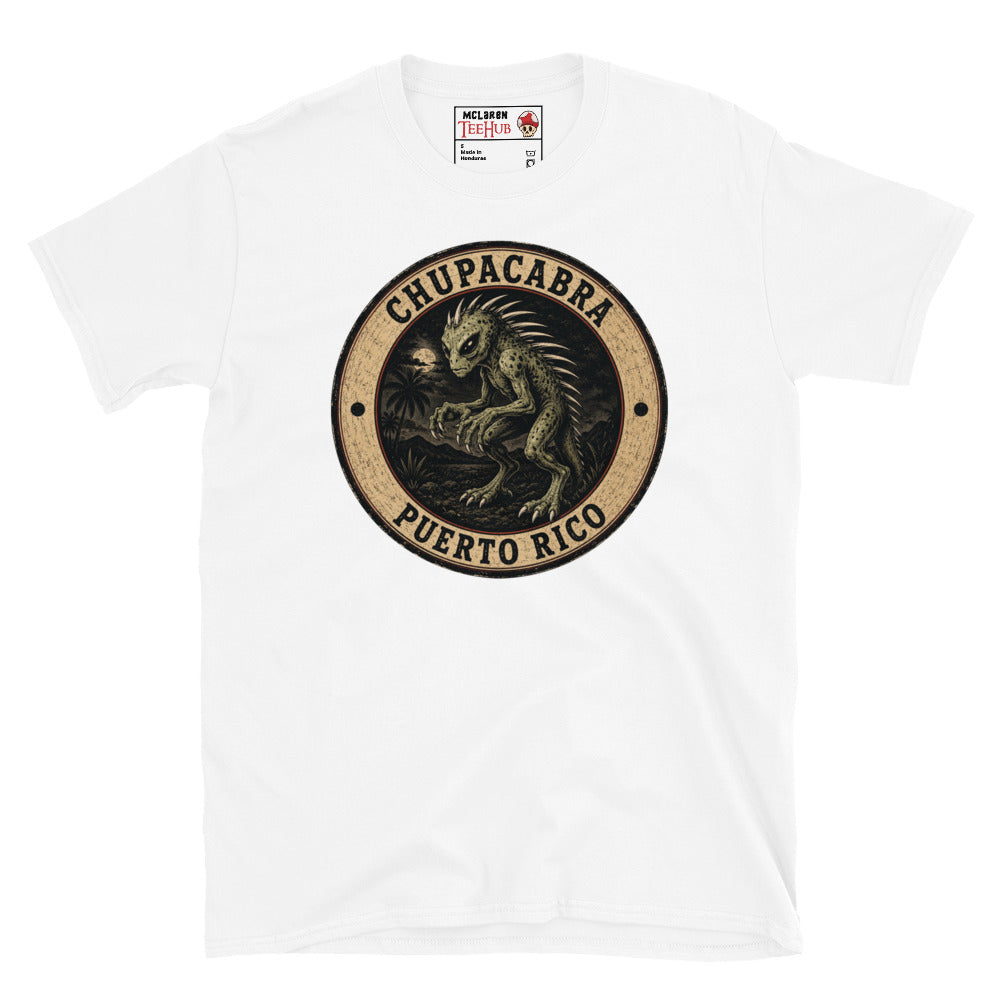 White Chupacabra Puerto Rico t-shirt with vintage distressed badge featuring original reptilian Chupacabra with scaled body dorsal spines alien eyes and claws in tropical night scene.