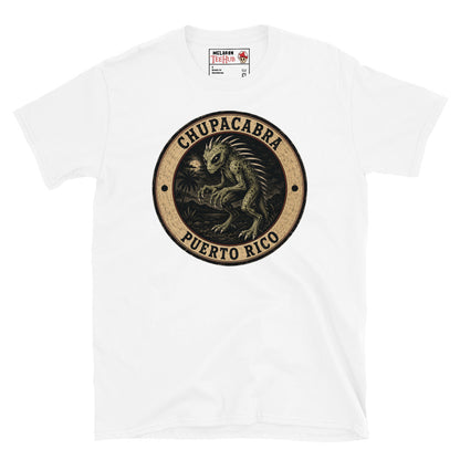 White Chupacabra Puerto Rico t-shirt with vintage distressed badge featuring original reptilian Chupacabra with scaled body dorsal spines alien eyes and claws in tropical night scene.