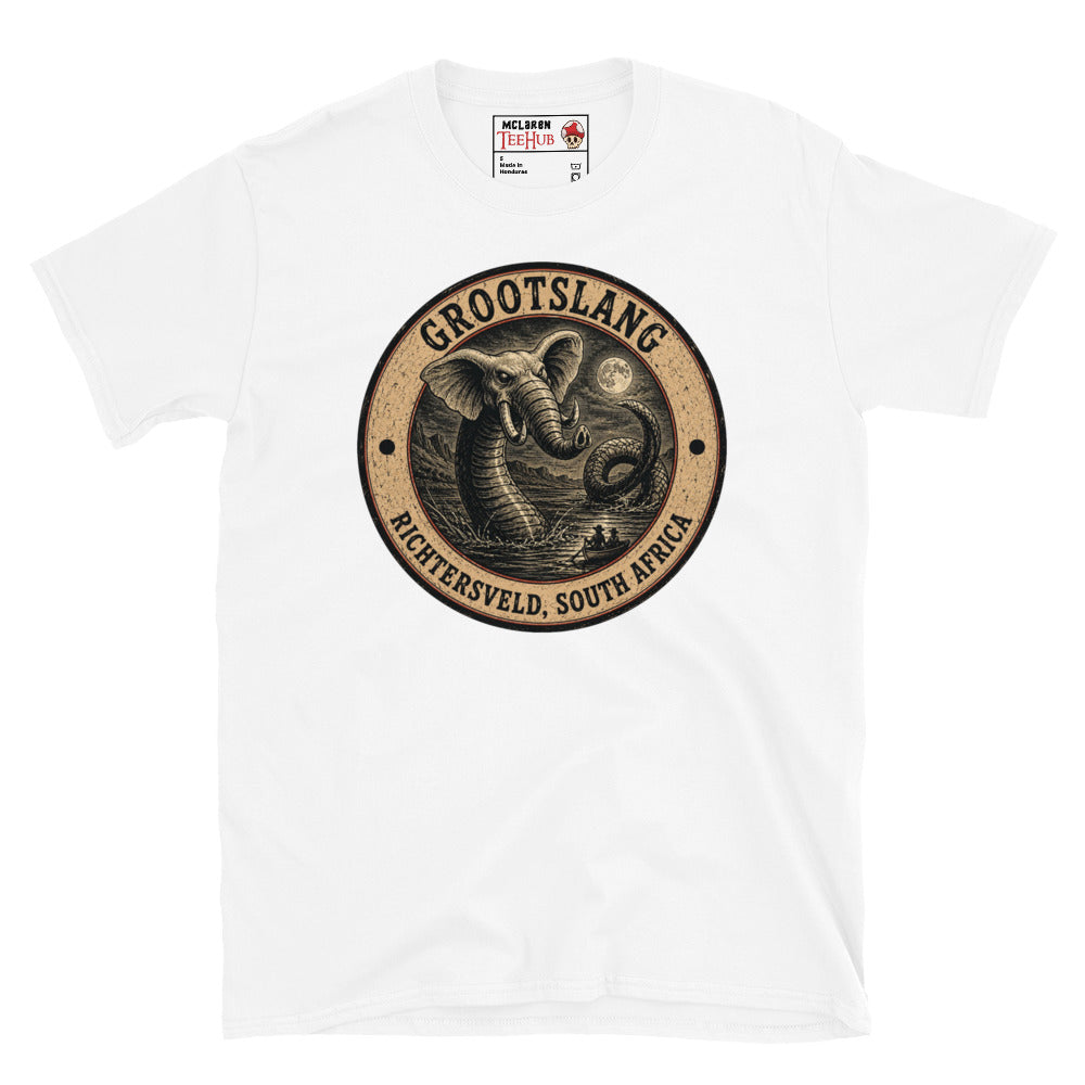 White Grootslang Richtersveld South Africa t-shirt with vintage distressed badge featuring elephant headed serpent cryptid rising from moonlit water dwarfing tiny boat figures below.