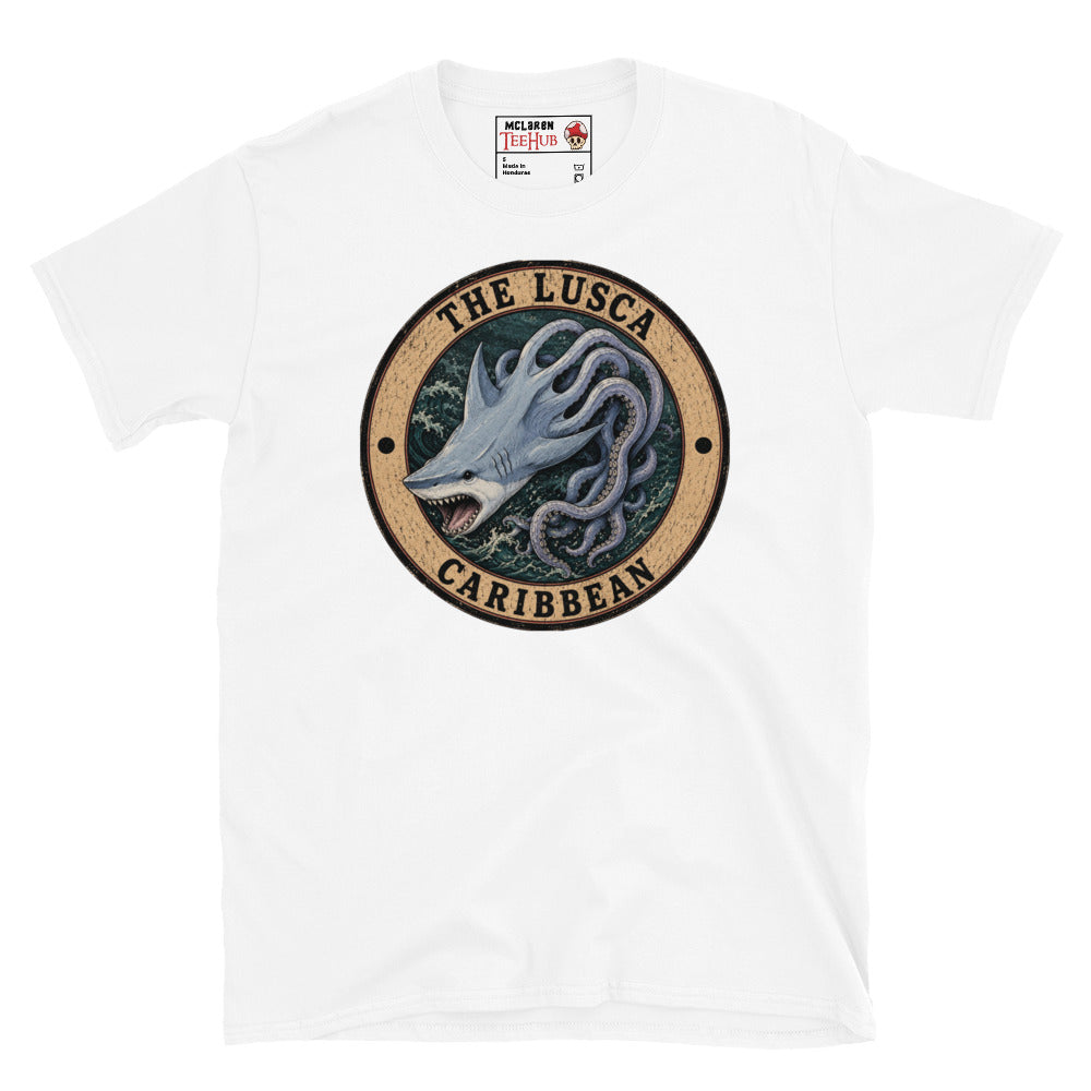 White Lusca Caribbean sea monster t-shirt with vintage distressed badge featuring half shark half octopus cryptid with open jaws and writhing tentacles in stormy Caribbean waters.