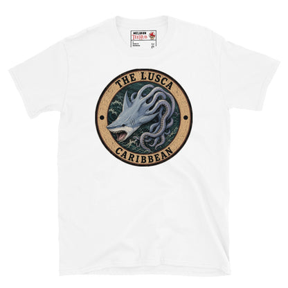 White Lusca Caribbean sea monster t-shirt with vintage distressed badge featuring half shark half octopus cryptid with open jaws and writhing tentacles in stormy Caribbean waters.