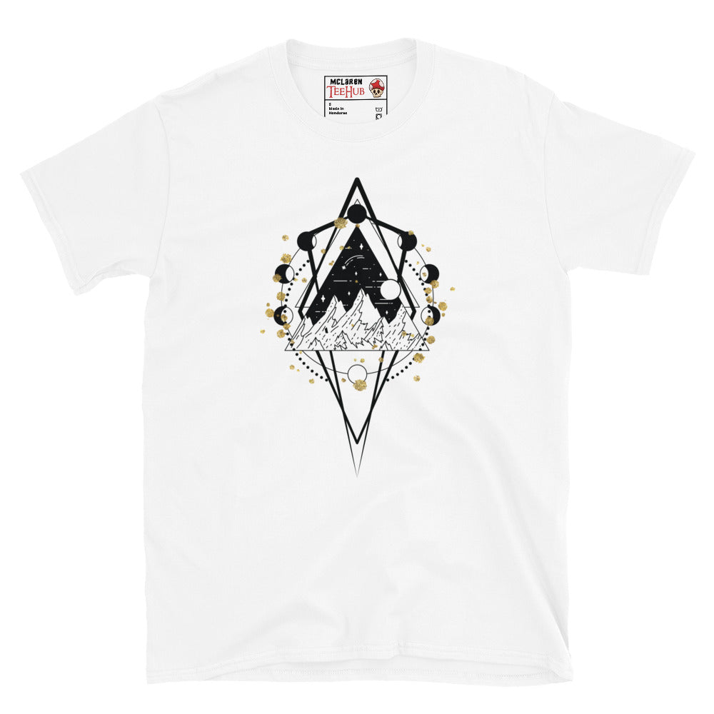 sacred geometry moon phase mountain t-shirt with diamond geometric frame containing mountain night sky landscape surrounded by lunar cycle moon phases and gold foil accents, on white t-shirt.