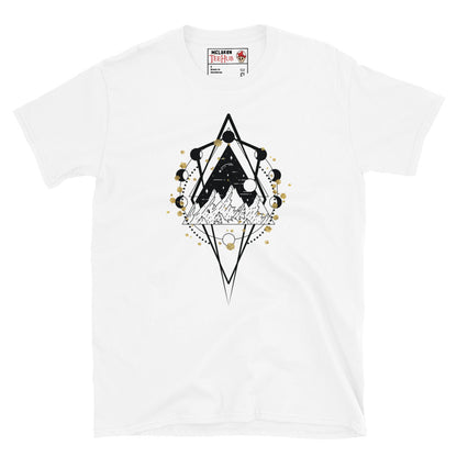 sacred geometry moon phase mountain t-shirt with diamond geometric frame containing mountain night sky landscape surrounded by lunar cycle moon phases and gold foil accents, on white t-shirt.