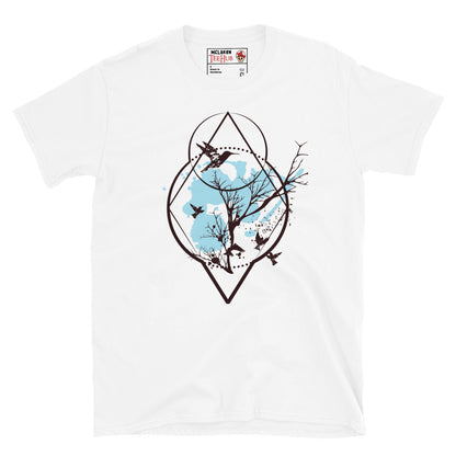 White sacred geometry birds and tree t-shirt with diamond circle geometric frame containing bare winter tree branches breaking beyond the boundary with birds in flight silhouettes.