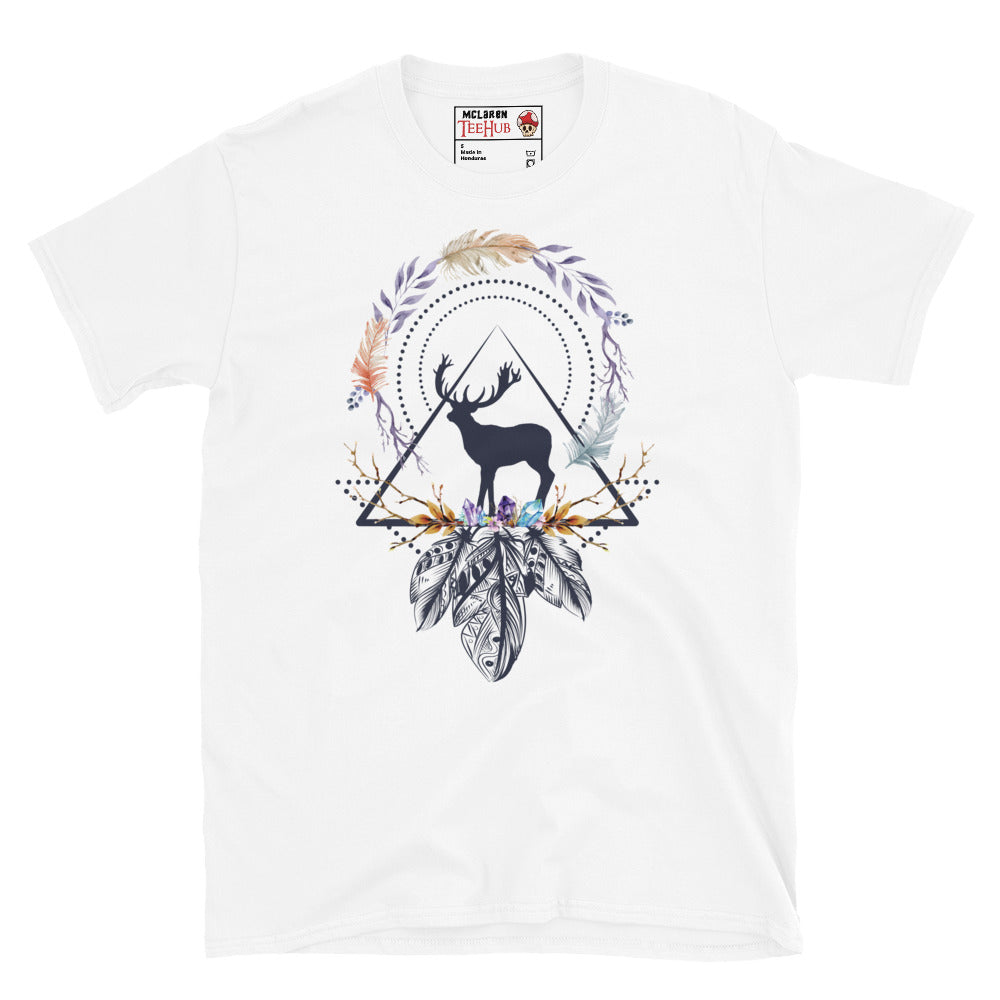 White boho sacred geometry stag t-shirt with stag silhouette in triangle frame surrounded by watercolour feather botanical wreath amethyst crystals and intricate mandala feathers