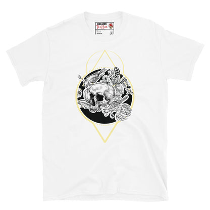 White memento mori skull botanical t-shirt with detailed skull surrounded by flowers birds feathers and snake in black circle with gold sacred geometry diamond frame.