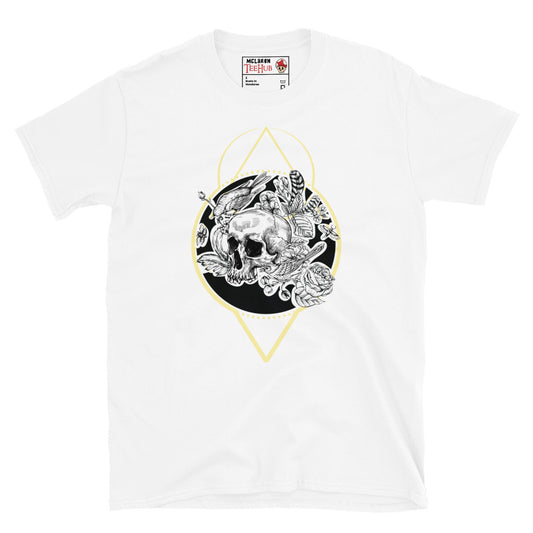 White memento mori skull botanical t-shirt with detailed skull surrounded by flowers birds feathers and snake in black circle with gold sacred geometry diamond frame.