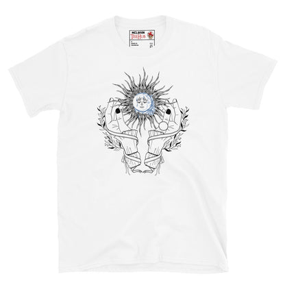 White celestial witch hands sun moon t-shirt with witchy dark nail hands cradling radiating sun with blue watercolour moon face and botanical sprigs and energy lines.