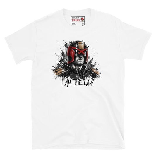 White Judge Dredd I Am The Law t-shirt with full ink splatter portrait showing helmet red eagle visor gold shoulder armour in explosive ink burst with handwritten dripping I Am The Law typography
