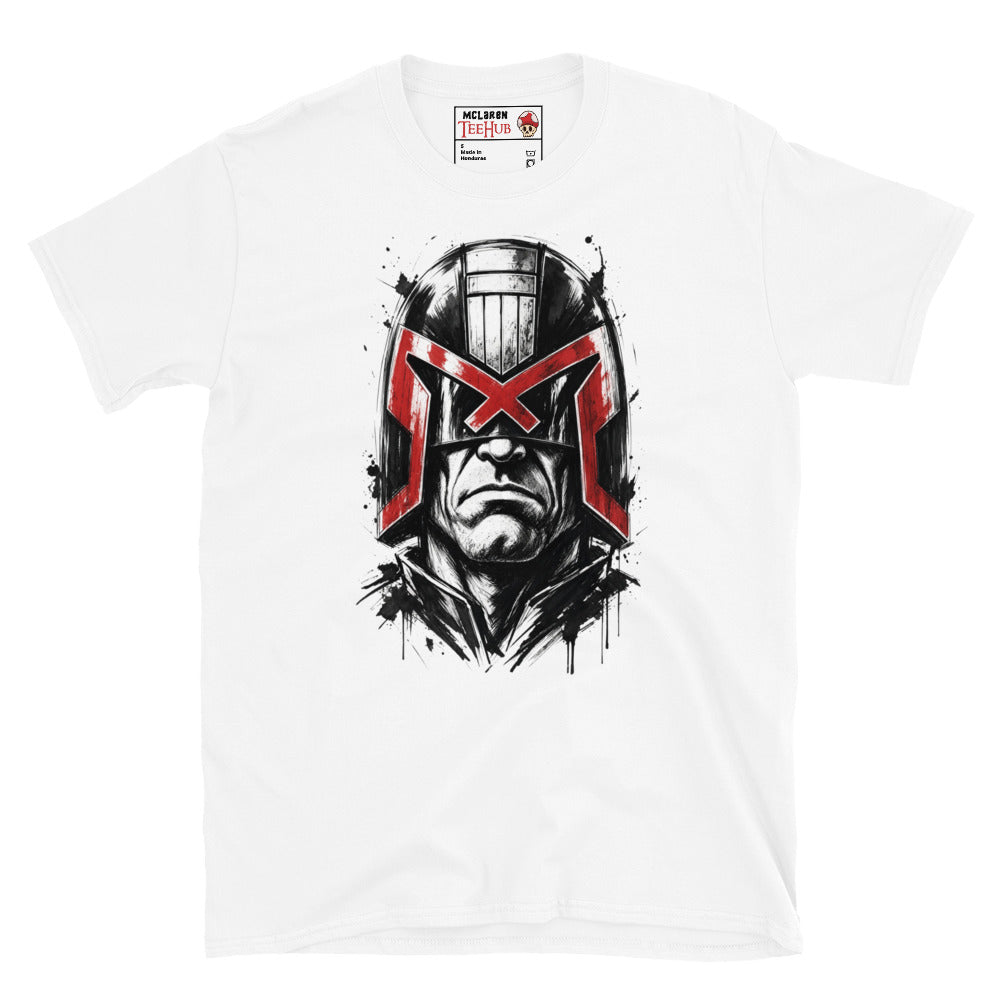 White Judge Dredd t-shirt with dramatic ink splatter portrait featuring iconic helmet and bold red eagle visor with high contrast black ink sketch detail and splatter accents