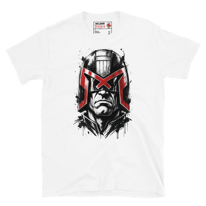 White Judge Dredd t-shirt with dramatic ink splatter portrait featuring iconic helmet and bold red eagle visor with high contrast black ink sketch detail and splatter accents