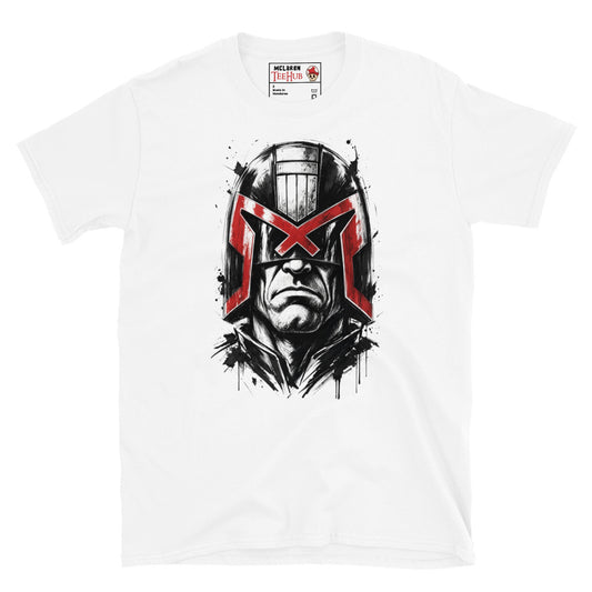 White Judge Dredd t-shirt with dramatic ink splatter portrait featuring iconic helmet and bold red eagle visor with high contrast black ink sketch detail and splatter accents