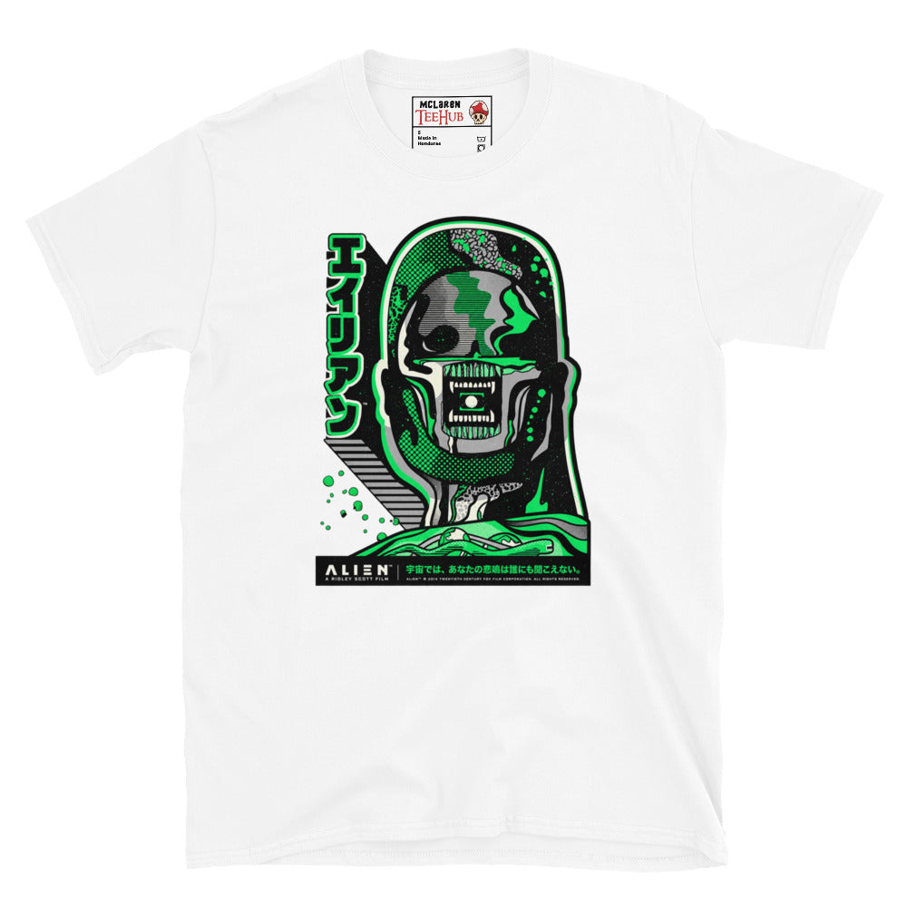 White Alien 1979 Japanese poster style t-shirt with kaiju manga Xenomorph illustration in acid green and grey with katakana Alien typography and Ridley Scott Film branding